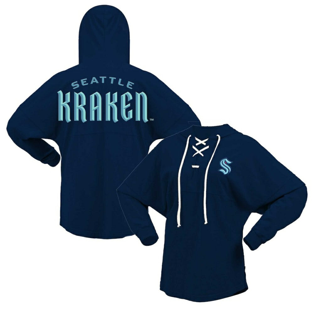 Seattle Kraken Fanatics Women's Jersey Lace-Up V-Neck Long Sleeve Hoodie T-Shirt - Deep Sea Blue | US 200459758