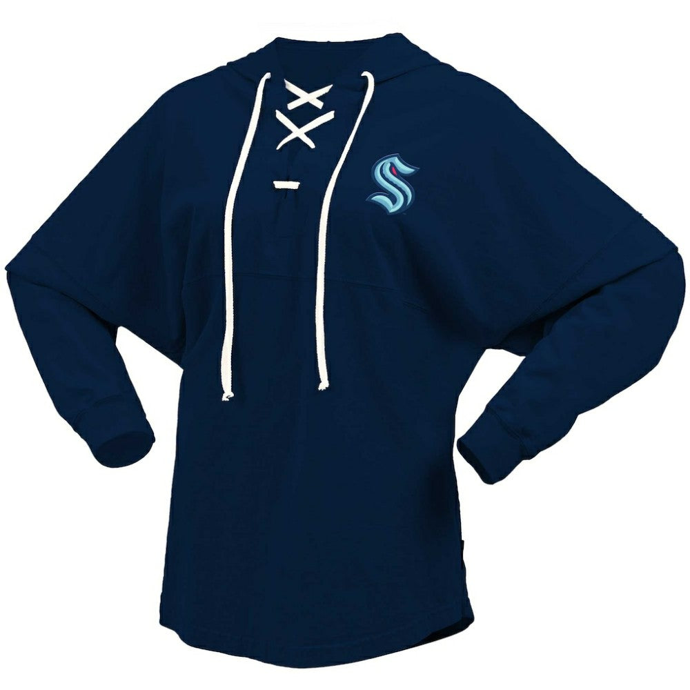 Seattle Kraken Fanatics Women's Jersey Lace-Up V-Neck Long Sleeve Hoodie T-Shirt - Deep Sea Blue | US 200459758