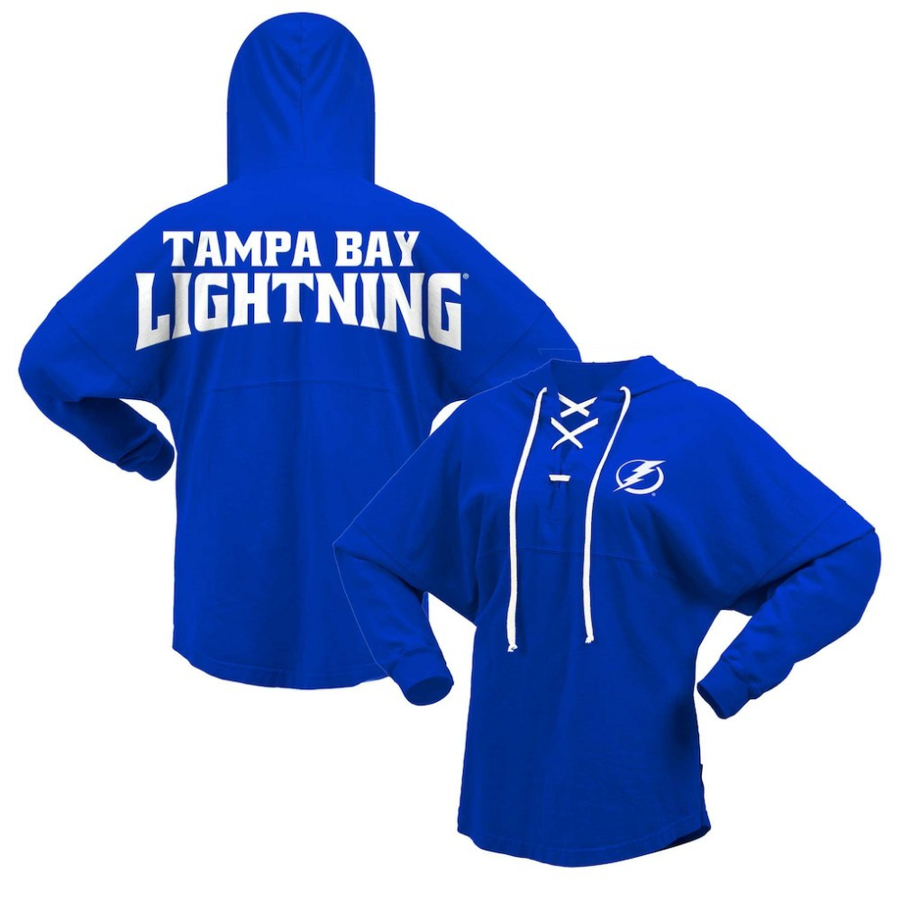 Tampa Bay Lightning Fanatics Women's Jersey Lace-Up V-Neck Long Sleeve Hoodie T-Shirt - Blue | US 200459761