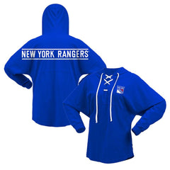 New York Rangers Fanatics Women's Jersey Lace-Up V-Neck Long Sleeve Hoodie T-Shirt - Blue | US 200459762