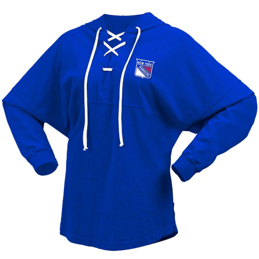 New York Rangers Fanatics Women's Jersey Lace-Up V-Neck Long Sleeve Hoodie T-Shirt - Blue | US 200459762