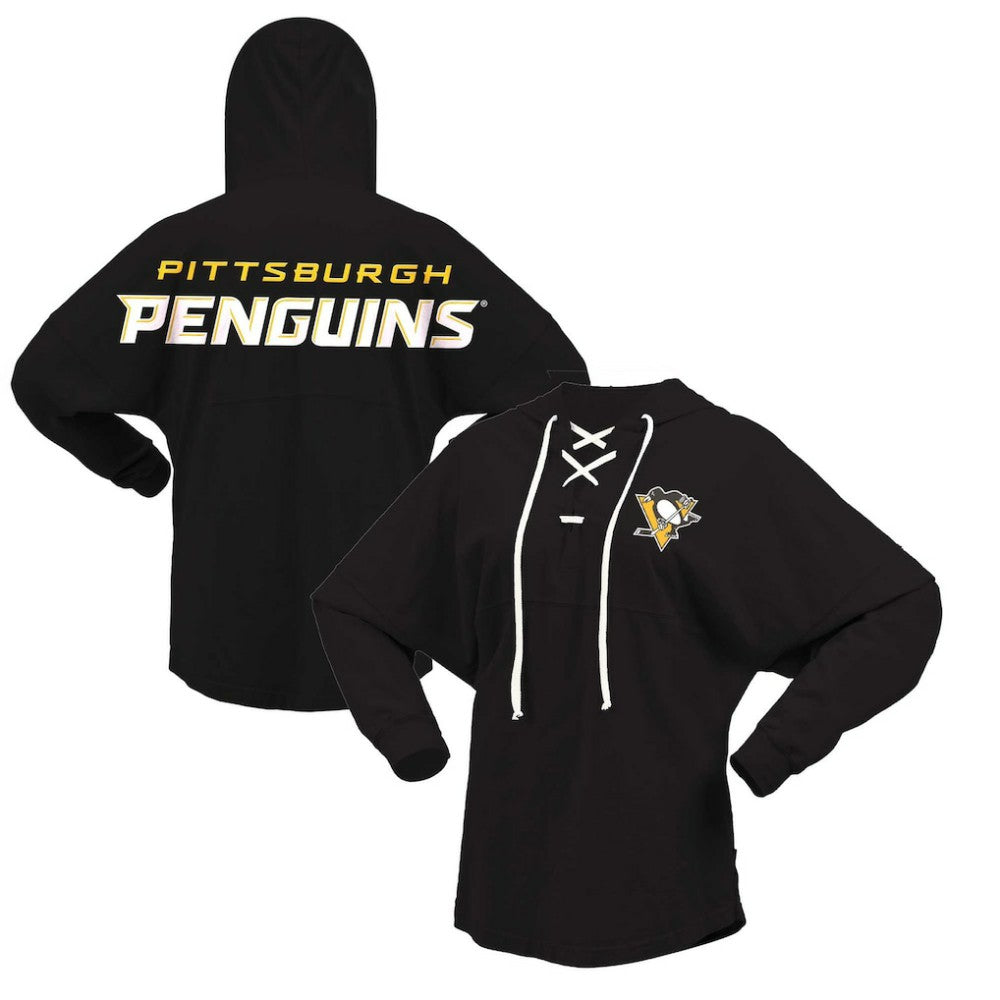 Pittsburgh Penguins Fanatics Women's Jersey Lace-Up V-Neck Long Sleeve Hoodie T-Shirt - Black | US 200459763