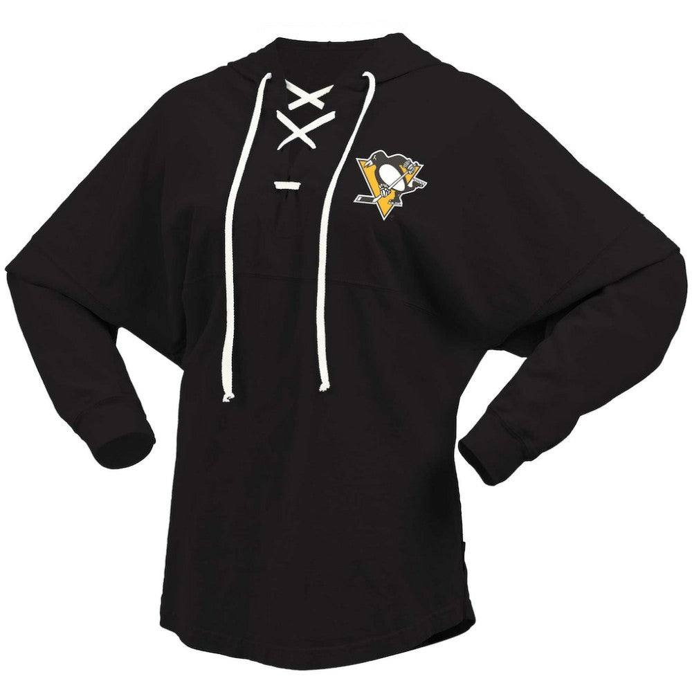 Pittsburgh Penguins Fanatics Women's Jersey Lace-Up V-Neck Long Sleeve Hoodie T-Shirt - Black | US 200459763