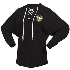Pittsburgh Penguins Fanatics Women's Jersey Lace-Up V-Neck Long Sleeve Hoodie T-Shirt - Black | US 200459763