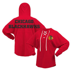 Chicago Blackhawks Fanatics Women's Jersey Lace-Up V-Neck Long Sleeve Hoodie T-Shirt - Red | US 200459767