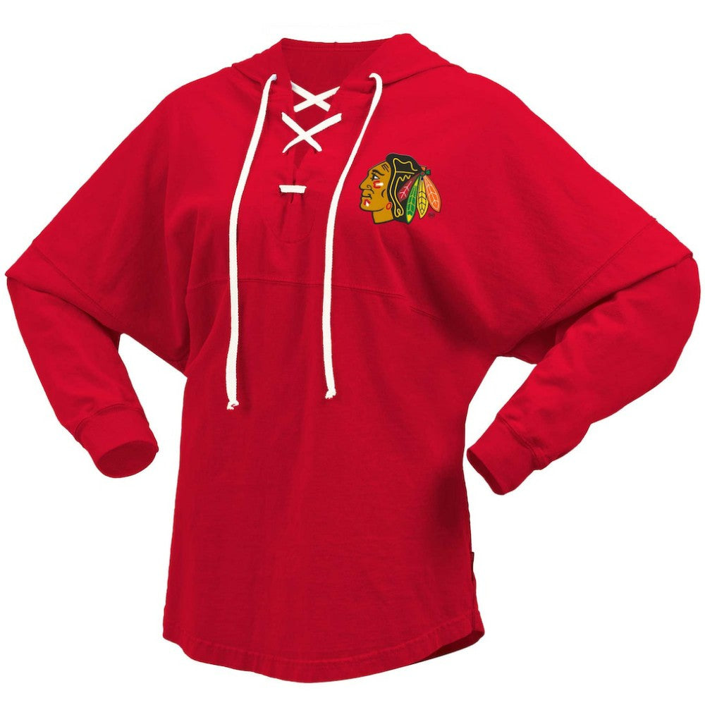 Chicago Blackhawks Fanatics Women's Jersey Lace-Up V-Neck Long Sleeve Hoodie T-Shirt - Red | US 200459767