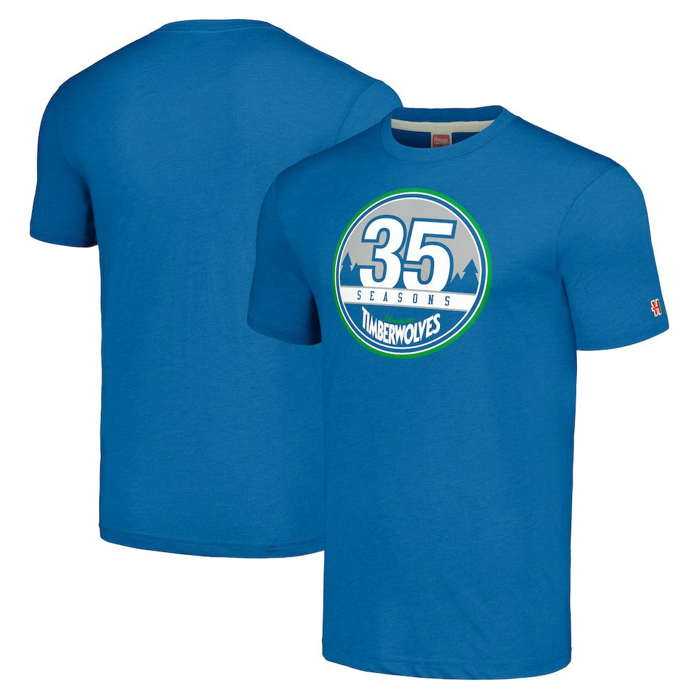 Minnesota Timberwolves Homage Unisex 35th Anniversary Hardwood Classics 35 Seasons Tri-Blend T-Shirt Royal