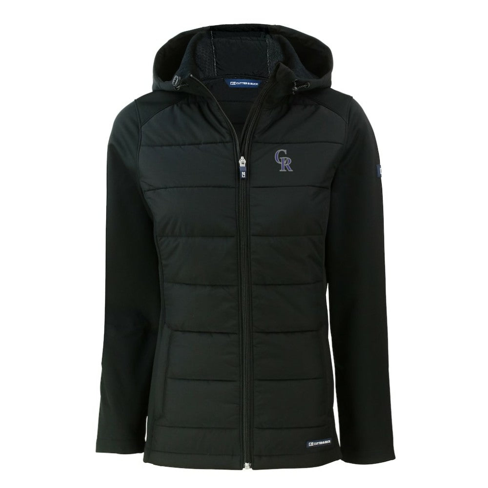 Colorado Rockies Cutter & Buck Women's Evoke Hybrid Eco Softshell Recycled Full-Zip Hoodie Jacket - Black Jackets