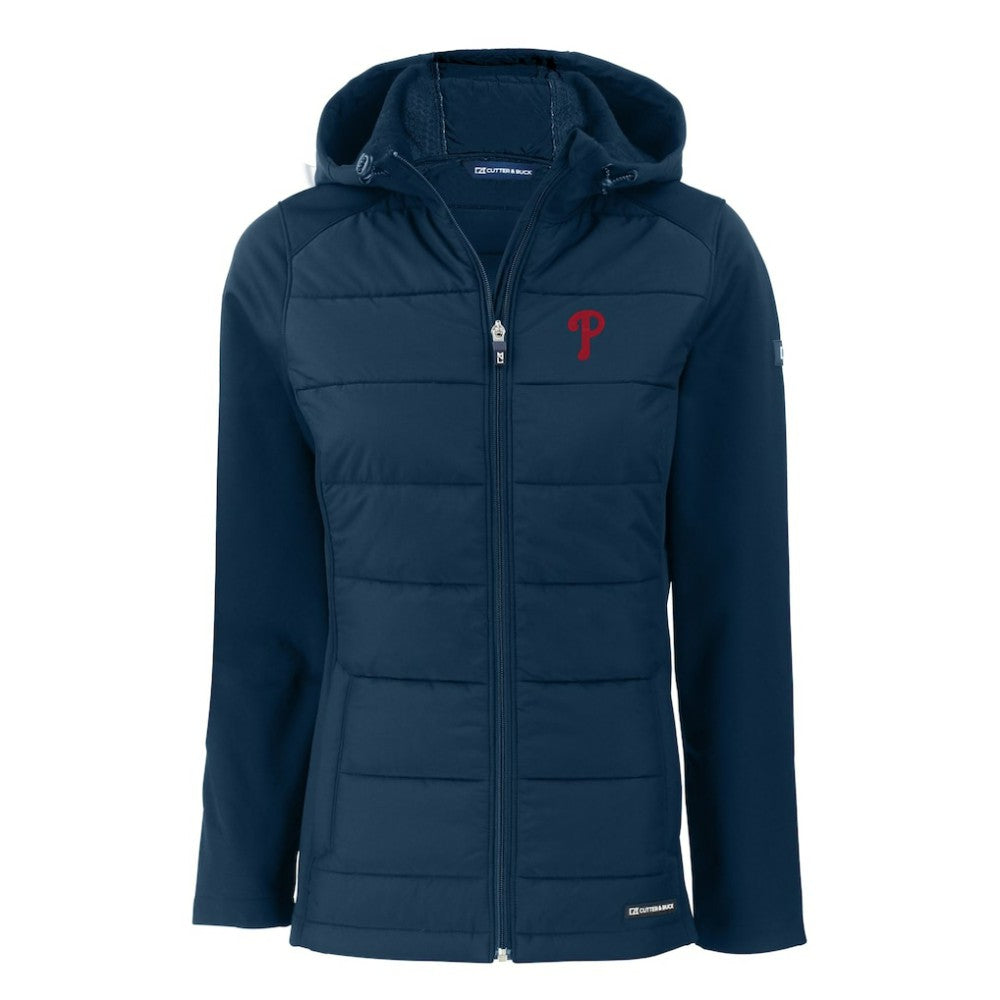 Philadelphia Phillies Cutter & Buck Women's Evoke Hybrid Eco Softshell Recycled Full-Zip Hoodie Jacket - Navy Jackets