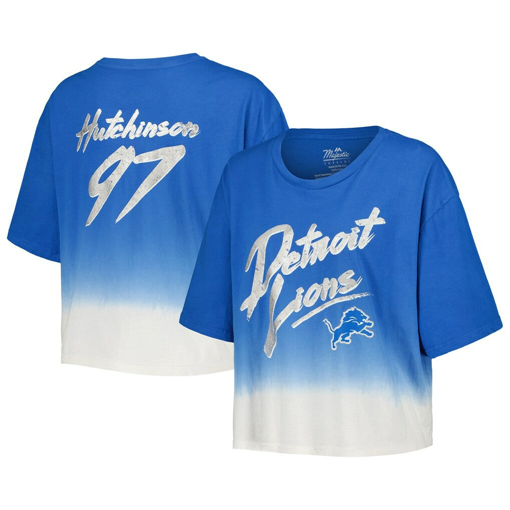 Aidan Hutchinson Detroit Lions Majestic Threads Women's Dip-Dye Player Name & Number Crop Top - Blue/White Tops