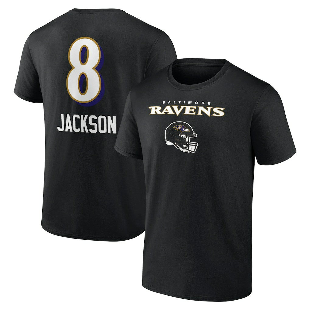 Lamar Jackson Baltimore Ravens Team Wordmark Name & Number T-Shirt - Black T-shirts