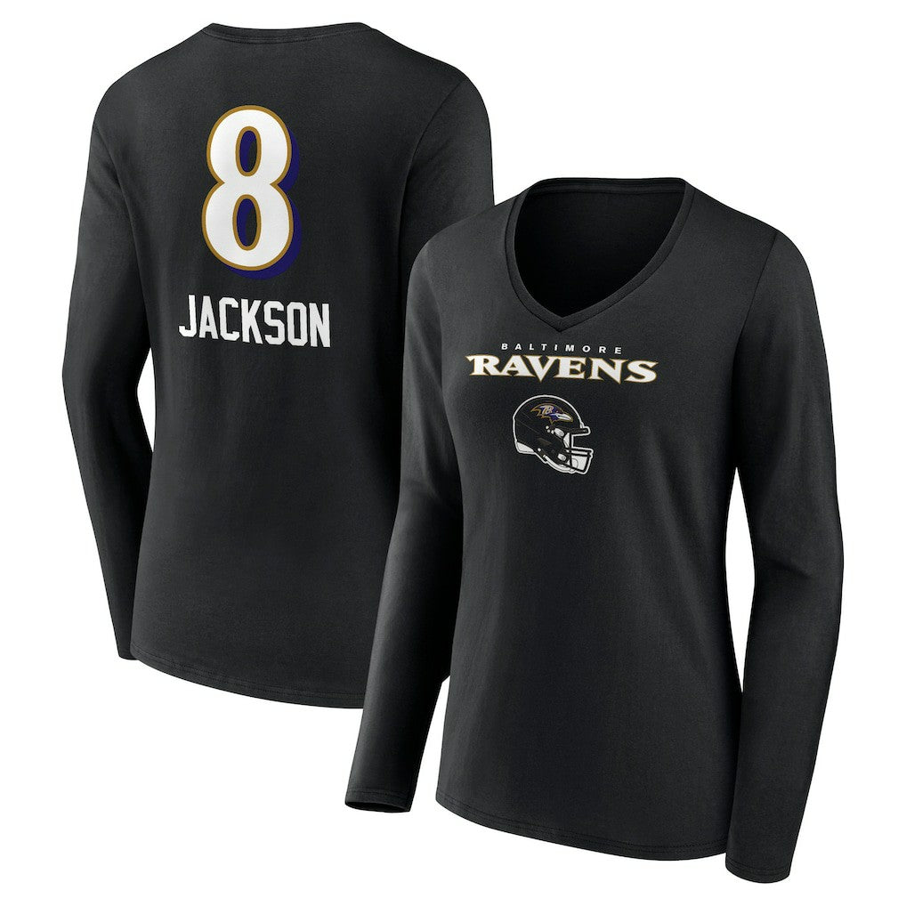 Lamar Jackson Baltimore Ravens Women's Team Wordmark Long Sleeve V-Neck T-Shirt - Black T-shirts