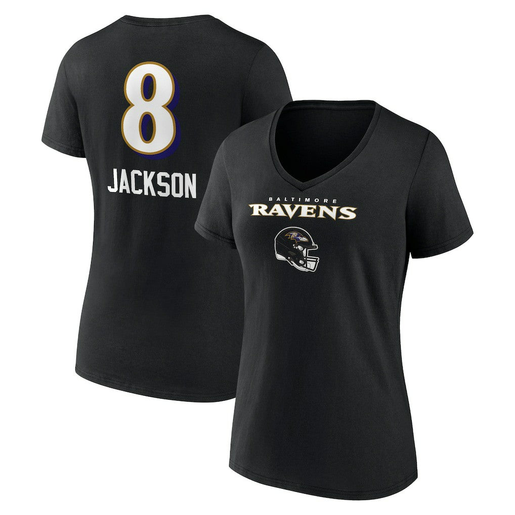 Lamar Jackson Baltimore Ravens Women's Team Wordmark Name & Number V-Neck T-Shirt - Black T-shirts