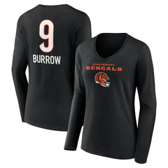Joe Burrow Cincinnati Bengals Women's Team Wordmark Long Sleeve V-Neck T-Shirt - Black T-shirts
