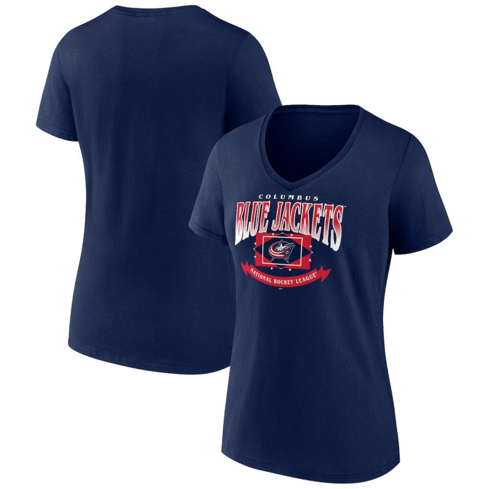 Columbus Blue Jackets Women's Slapshot V-Neck T-Shirt - Navy | US 200501586