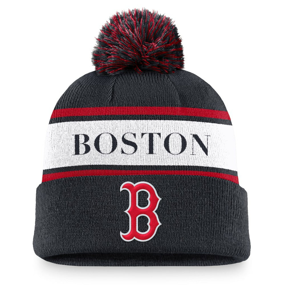 Boston Red Sox Nike Team Stripe Peak Cuffed Knit Hat with Pom - Navy Hats
