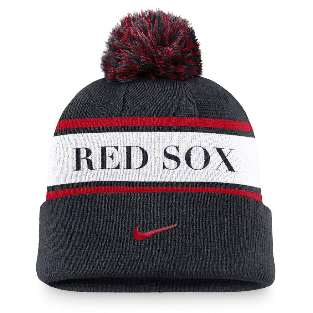 Boston Red Sox Nike Team Stripe Peak Cuffed Knit Hat with Pom - Navy Hats