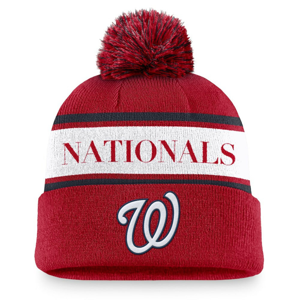 Washington Nationals Nike Team Stripe Peak Cuffed Knit Hat with Pom - Red Hats