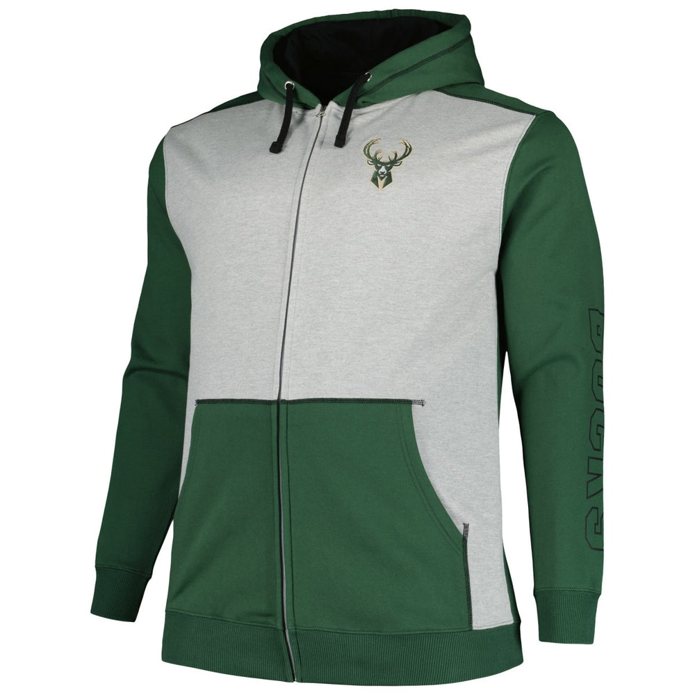Milwaukee Bucks Big & Tall Contrast Pieced Stitched Full-Zip Hoodie Hunter Green/Heather Gray - Fanatics outlet
