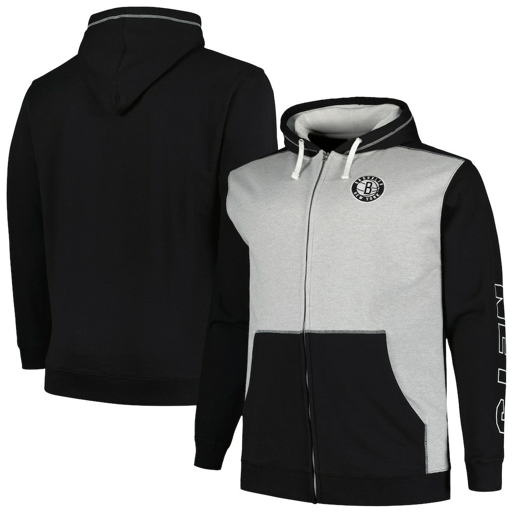 Brooklyn Nets Big & Tall Contrast Pieced Stitched Full-Zip Hoodie Black/Heather Gray - Fanatics