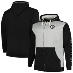 Brooklyn Nets Big & Tall Contrast Pieced Stitched Full-Zip Hoodie Black/Heather Gray - Fanatics