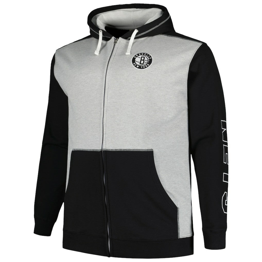 Brooklyn Nets Big & Tall Contrast Pieced Stitched Full-Zip Hoodie Black/Heather Gray - Fanatics