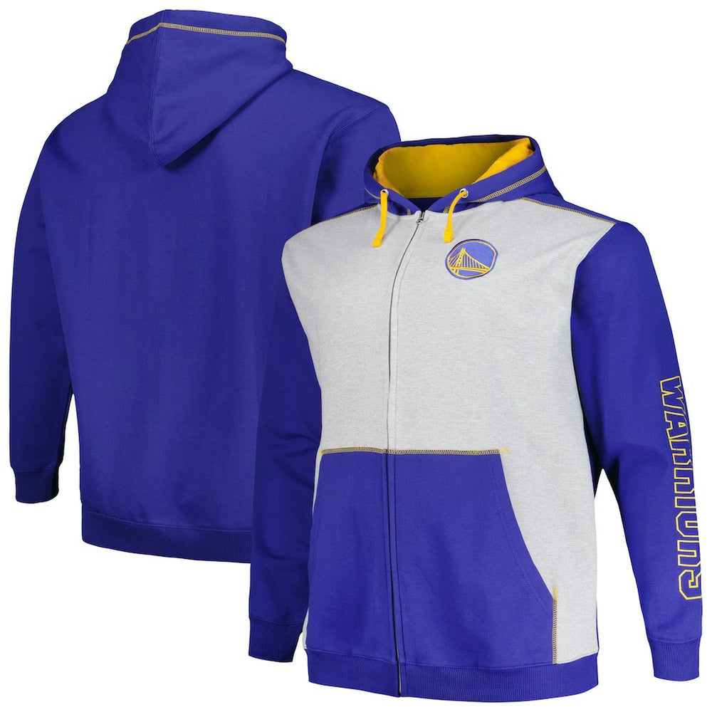 Golden State Warriors Big & Tall Contrast Pieced Stitched Full-Zip Hoodie Royal/Heather Gray - Fanatics outlet