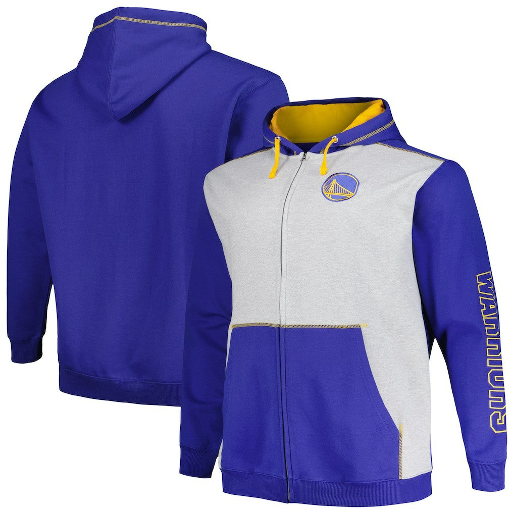 Golden State Warriors Big & Tall Contrast Pieced Stitched Full-Zip Hoodie Royal/Heather Gray - Fanatics outlet