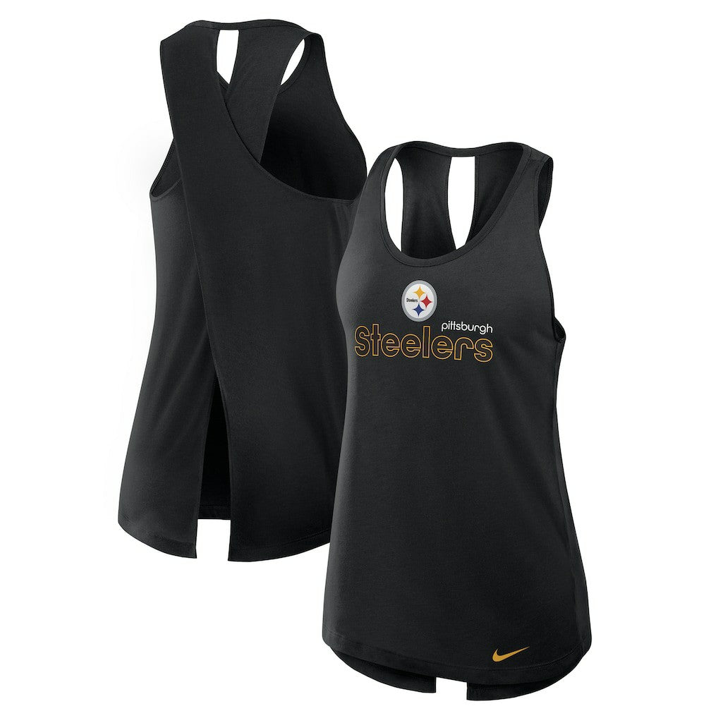 Pittsburgh Steelers Women's Open-Back Crisscross Dri-FIT Tank Top - Black Tops