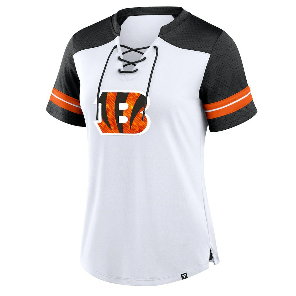 Cincinnati Bengals Women's Foiled Primary Lace-Up T-Shirt - White/Black T-shirts