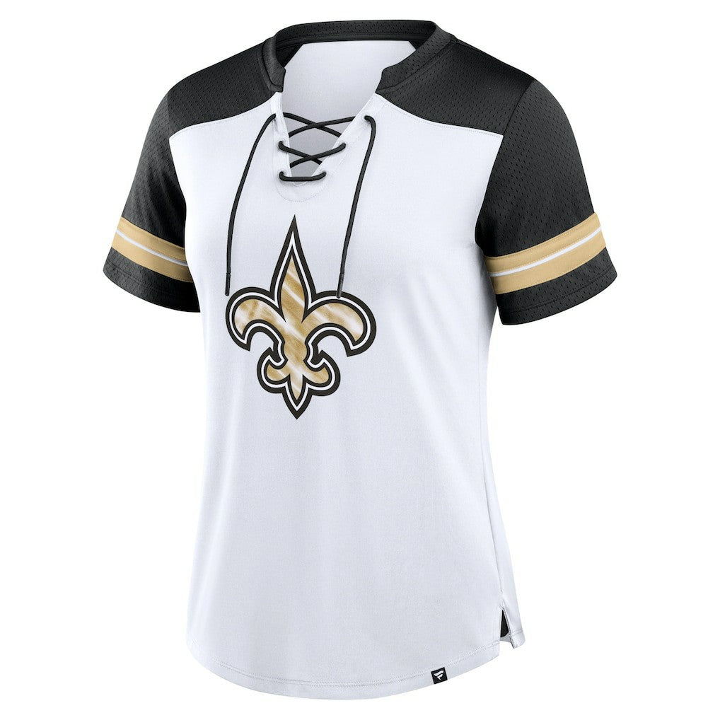 New Orleans Saints Women's Foiled Primary Lace-Up T-Shirt - White/Black T-shirts