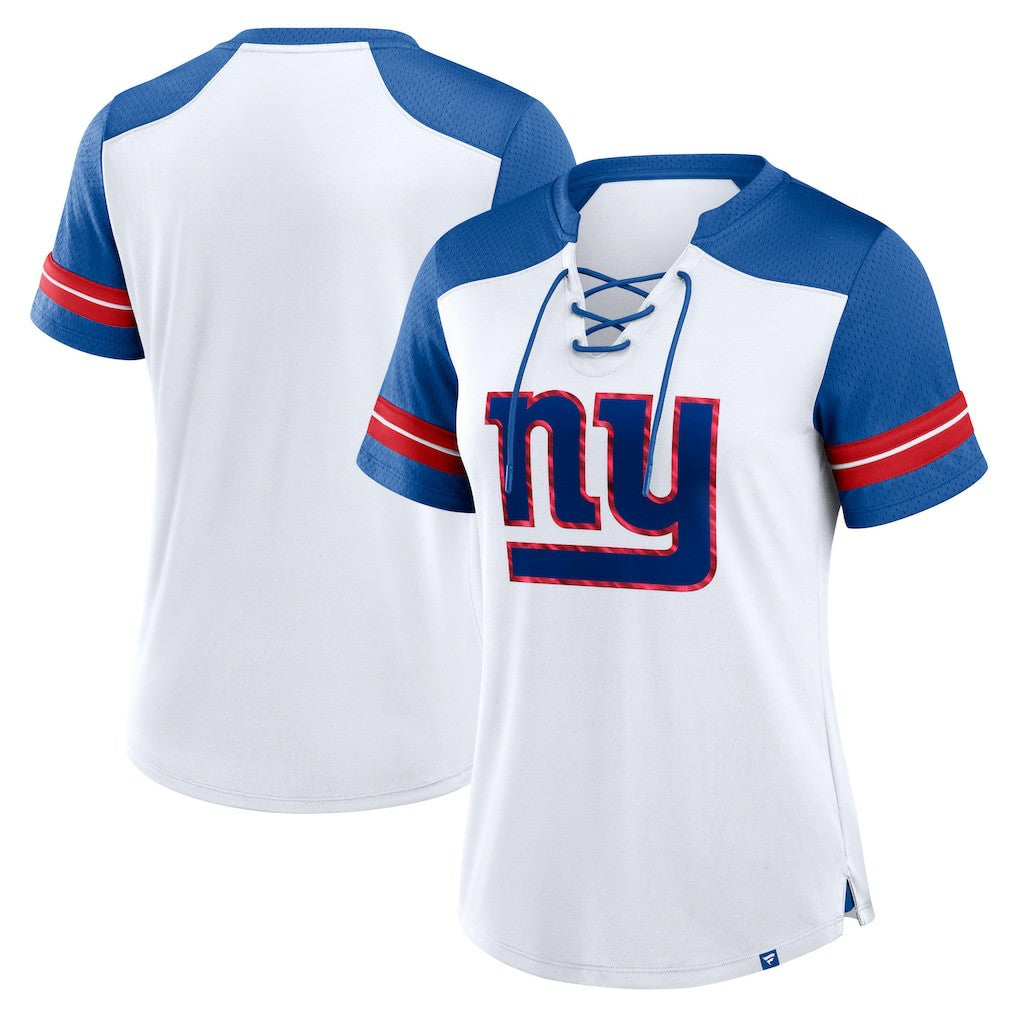 New York Giants Women's Foiled Primary Lace-Up T-Shirt - White/Royal T-shirts