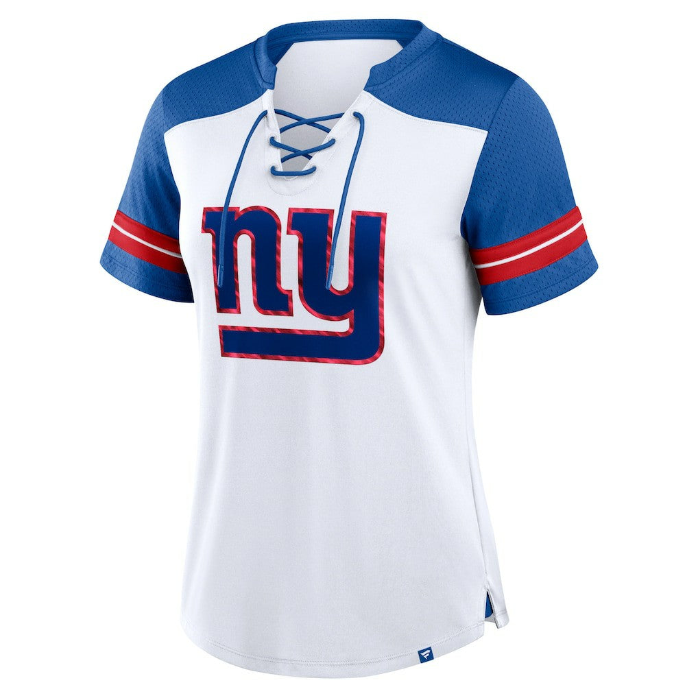 New York Giants Women's Foiled Primary Lace-Up T-Shirt - White/Royal T-shirts
