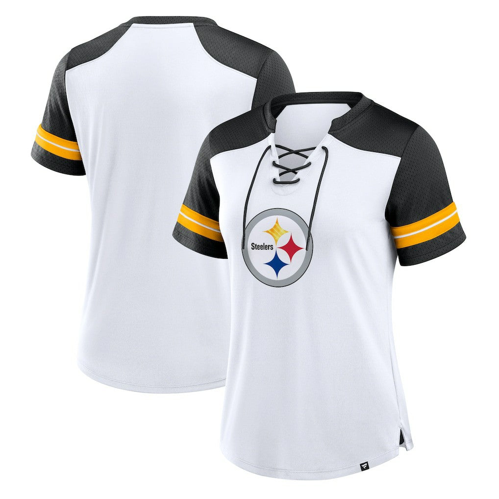 Pittsburgh Steelers Women's Foiled Primary Lace-Up T-Shirt - White/Black T-shirts