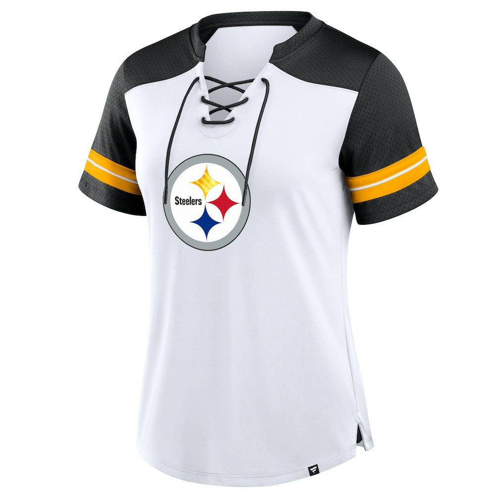 Pittsburgh Steelers Women's Foiled Primary Lace-Up T-Shirt - White/Black T-shirts