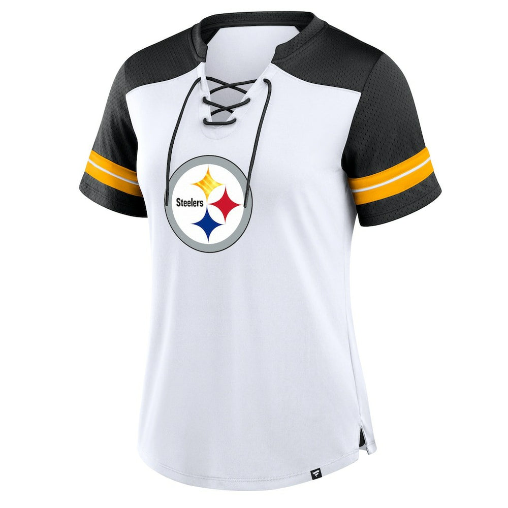 Pittsburgh Steelers Women's Foiled Primary Lace-Up T-Shirt - White/Black T-shirts