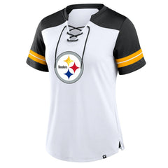 Pittsburgh Steelers Women's Foiled Primary Lace-Up T-Shirt - White/Black T-shirts