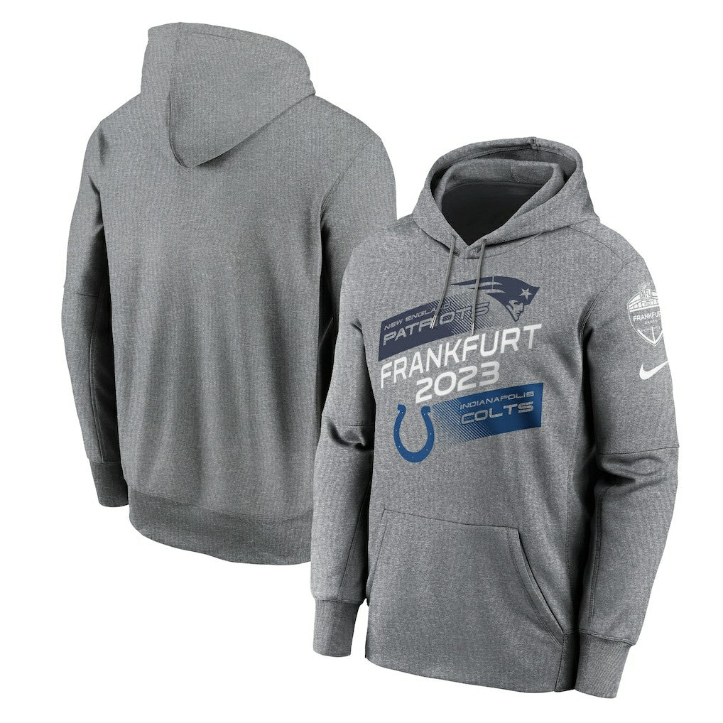 New England Patriots vs. Indianapolis Colts 2023 Frankfurt Game Pullover Hoodie - Heather Charcoal Hoodies