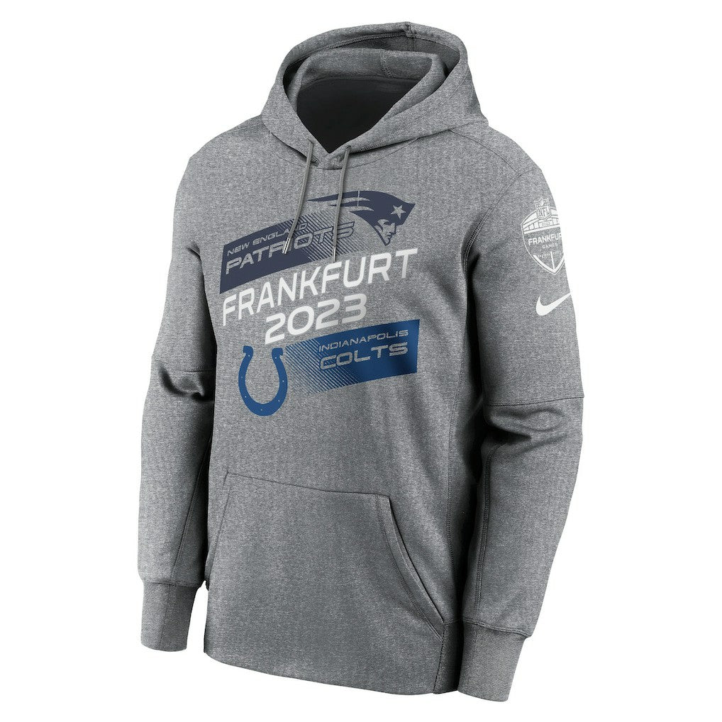 New England Patriots vs. Indianapolis Colts 2023 Frankfurt Game Pullover Hoodie - Heather Charcoal Hoodies