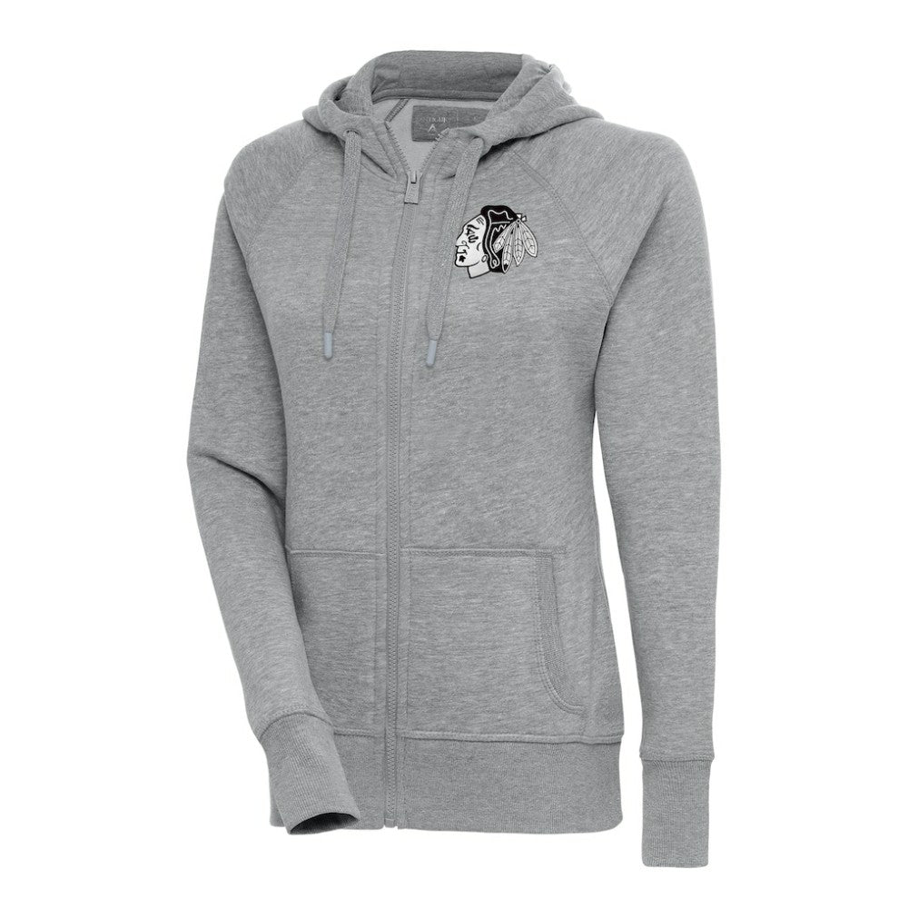 Chicago Blackhawks Antigua Women's Metallic Logo Victory Full-Zip Hoodie - Heather Gray | US 200544876