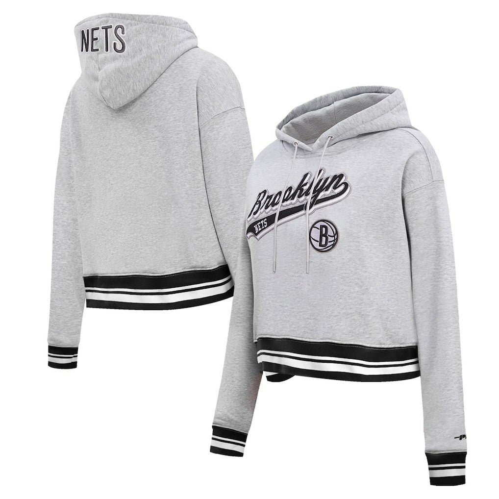 Brooklyn Nets Pro Standard Women's Script Tail Cropped Pullover Hoodie Heather Gray