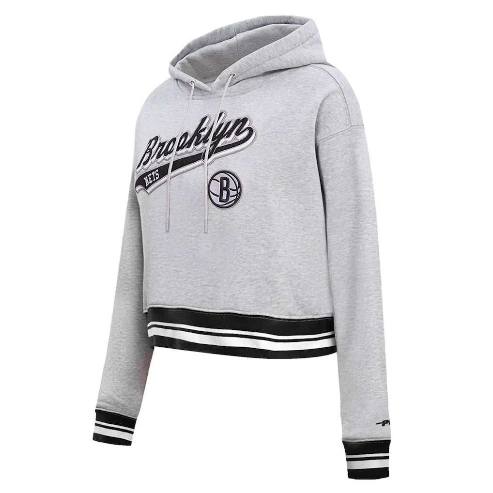 Brooklyn Nets Pro Standard Women's Script Tail Cropped Pullover Hoodie Heather Gray