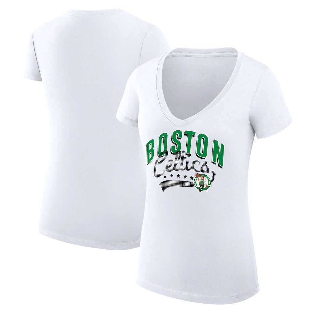 Boston Celtics G-III 4Her by Carl Banks Women's Super-Slim Fit Lightweight Filigree Logo V-Neck T-Shirt White