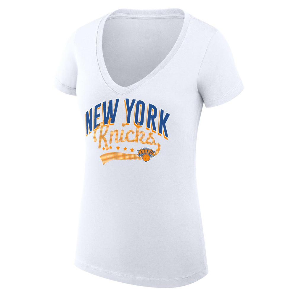 New York Knicks G-III 4Her by Carl Banks Women's Super-Slim Fit Lightweight Filigree Logo V-Neck T-Shirt - White