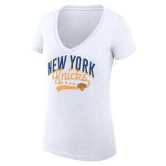 New York Knicks G-III 4Her by Carl Banks Women's Super-Slim Fit Lightweight Filigree Logo V-Neck T-Shirt - White