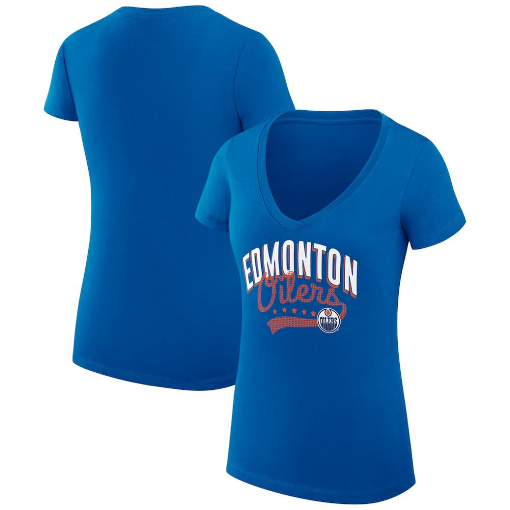 Edmonton Oilers G-III 4Her by Carl Banks Women's Super-Slim Fit Lightweight Filigree Logo V-Neck T-Shirt – Royal | US 200559487