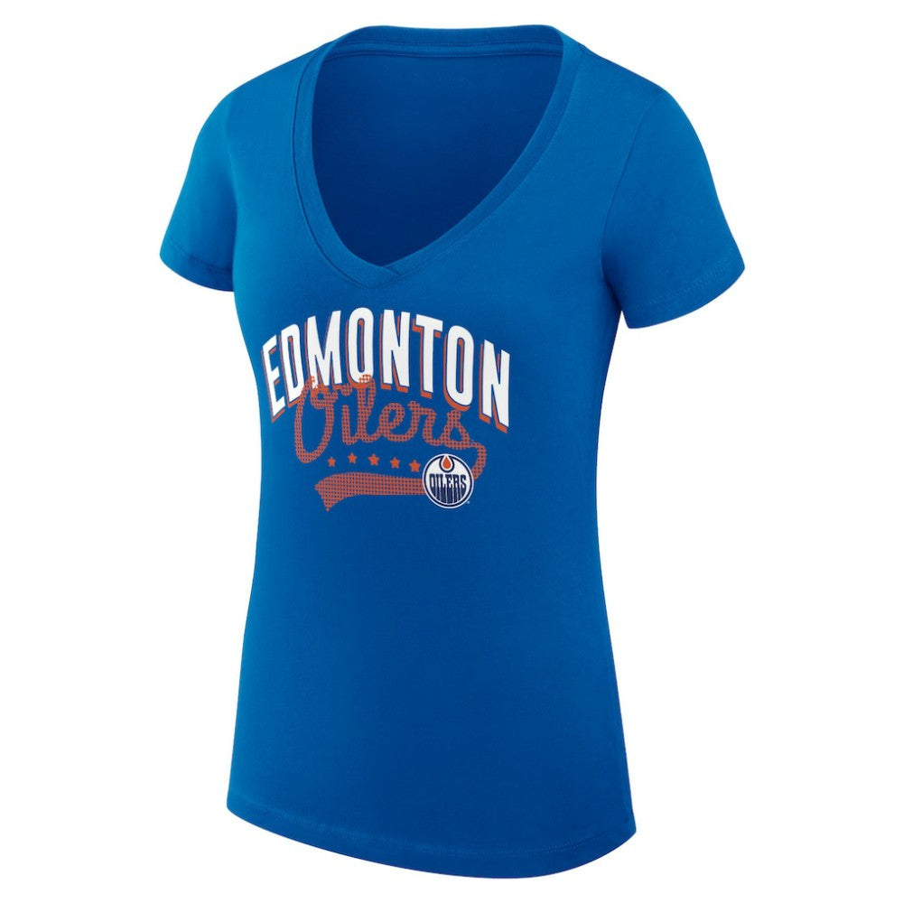 Edmonton Oilers G-III 4Her by Carl Banks Women's Super-Slim Fit Lightweight Filigree Logo V-Neck T-Shirt – Royal | US 200559487