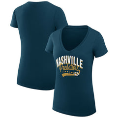 Nashville Predators G-III 4Her by Carl Banks Women's Super-Slim Fit Lightweight Filigree Logo V-Neck T-Shirt – Navy | US 200559496