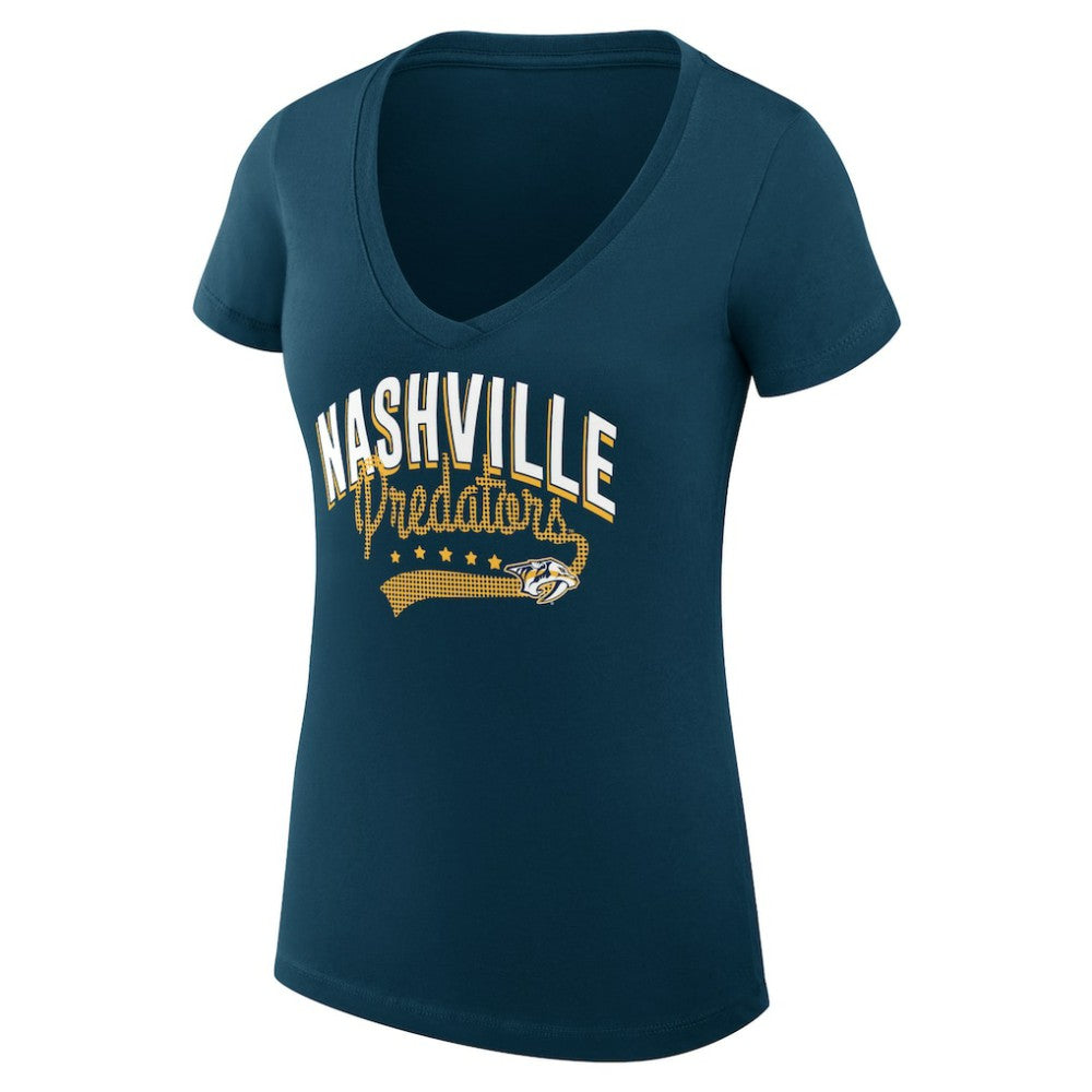 Nashville Predators G-III 4Her by Carl Banks Women's Super-Slim Fit Lightweight Filigree Logo V-Neck T-Shirt – Navy | US 200559496