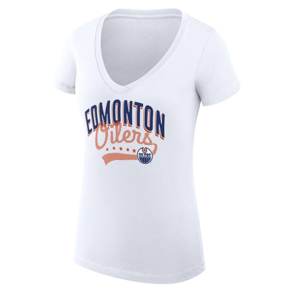 Edmonton Oilers G-III 4Her by Carl Banks Women's Super-Slim Fit Lightweight Filigree Logo V-Neck T-Shirt – White | US 200559572